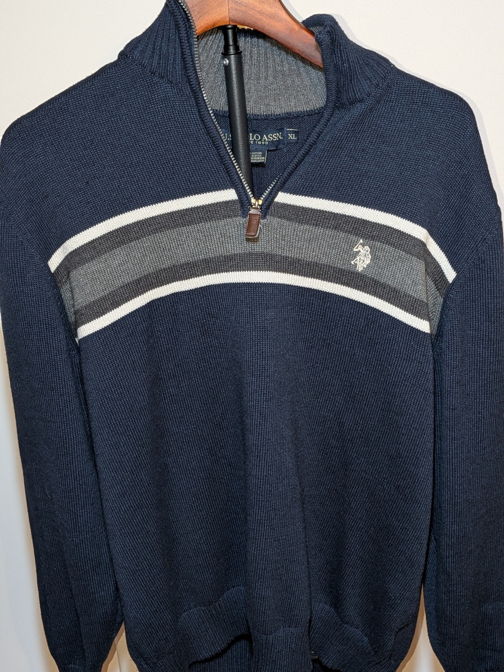 U.S. Polo Assn. Men's Navy Half-Zip Sweater with Grey Stripe